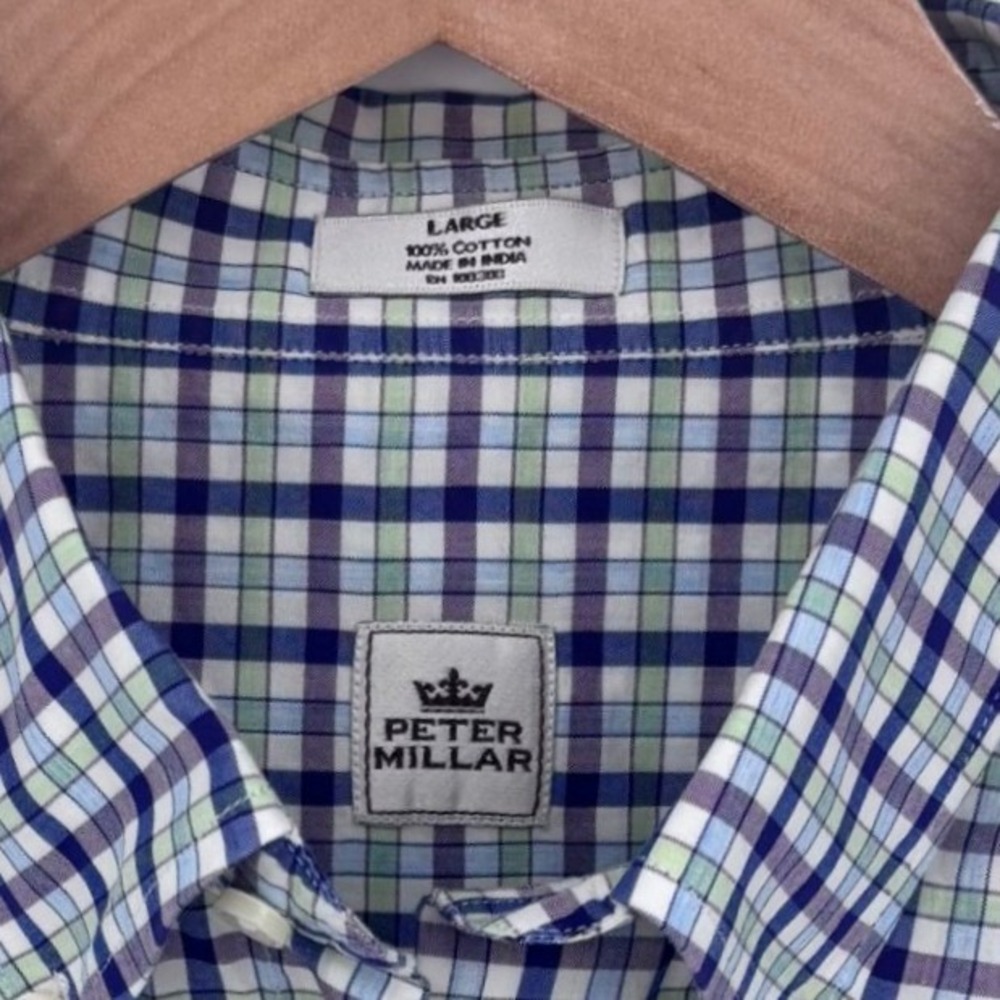 Peter Millar Button Down Shirt Mens L Blue Green Plaid 100% Cotton Preppy - Picture 2 of 8